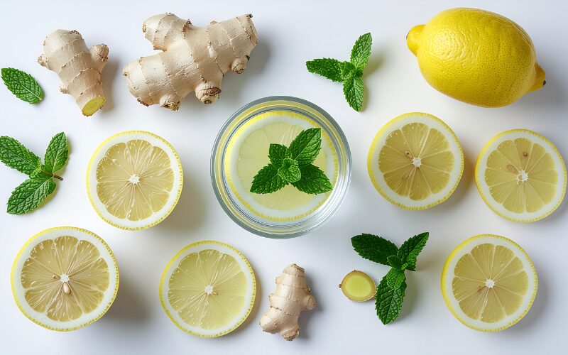 Fresh lemon slices, ginger roots, mint leaves, and infused water for natural lymphatic function improvement and detox wellness.